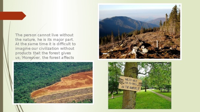 The person cannot live without the nature, he is its major part. At the same time it is difficult to imagine our civilization without products that the forest gives us. Moreover, the forest affects the culture and customs of different ethnic group, it is the source of their subsistence. 