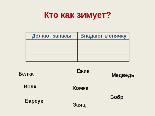 Кто как зимует? Делают запасы Впадают в спячку Ёжик Белка Медведь Волк Хомяк Бобр Барсук Заяц 