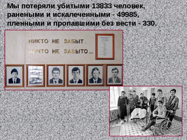 Мы потеряли убитыми 13833 человек, ранеными и искалеченными - 49985, пленными и пропавшими без вести - 330. 
