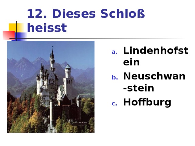 12. Dieses Schloß heisst Lindenhofstein Neuschwan-stein Hoffburg 