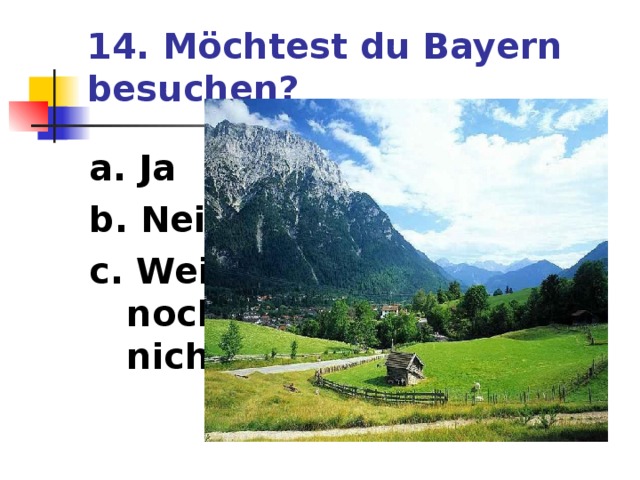 14. Möchtest du Bayern besuchen? a. Ja b. Nein c. Weiss noch nicht 