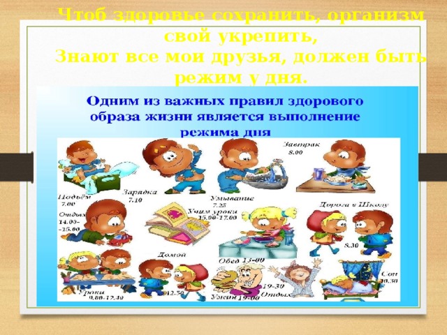 Чтоб здоровье сохранить, организм свой укрепить,  Знают все мои друзья, должен быть режим у дня. 