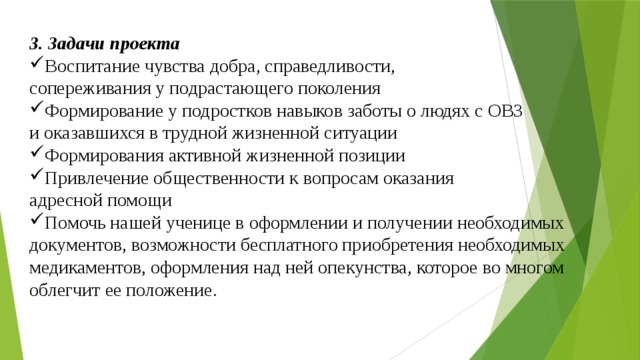 3. Задачи проекта Воспитание чувства добра, справедливости, сопереживания у подрастающего поколения Формирование у подростков навыков заботы о людях с ОВЗ и оказавшихся в трудной жизненной ситуации Формирования активной жизненной позиции Привлечение общественности к вопросам оказания адресной помощи Помочь нашей ученице в оформлении и получении необходимых документов, возможности бесплатного приобретения необходимых медикаментов, оформления над ней опекунства, которое во многом облегчит ее положение. 