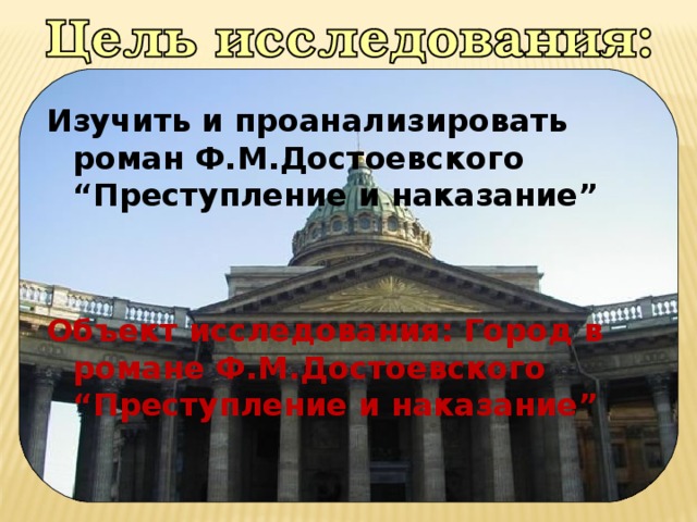 Изучить и проанализировать роман Ф.М.Достоевского “Преступление и наказание”   Объект исследования: Город в романе Ф.М.Достоевского “Преступление и наказание”  