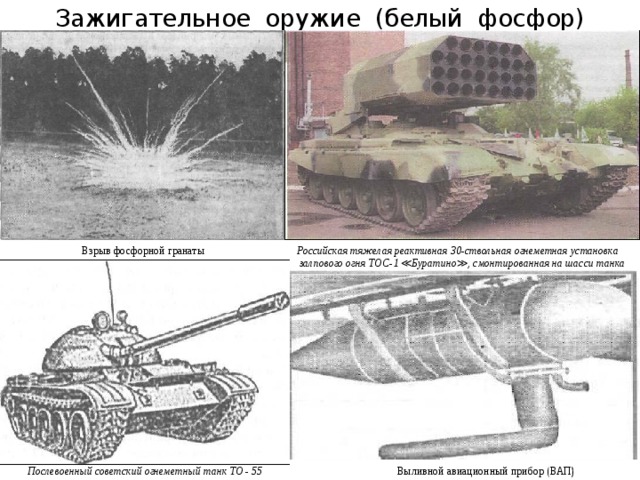 Зажигательное оружие (белый фосфор) Взрыв фосфорной гранаты  Российская тяжелая реактивная 30-ствольная огнеметная установка  залпового огня ТОС-1 ≪Буратино≫, смонтированная на шасси танка  Послевоенный советский огнеметный танк ТО - 55 Выливной авиационный прибор (ВАП) 