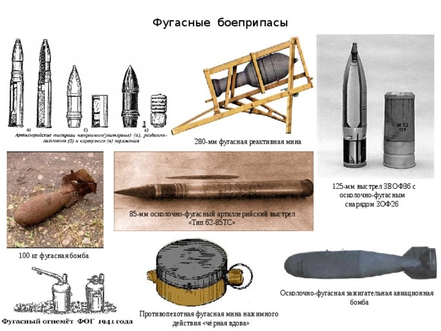 Фугасные боеприпасы 280-мм фугасная реактивная мина 125-мм выстрел ЗВОФ36 с  осколочно-фугасным  снарядом ЗОФ26 85-мм осколочно-фугасный артиллерийский выстрел  «Тип 62-85ТС» 100 кг фугасная бомба Осколочно-фугасная зажигательная авиационная  бомба Противопехотная фугасная мина нажимного  действия «чёрная вдова» 