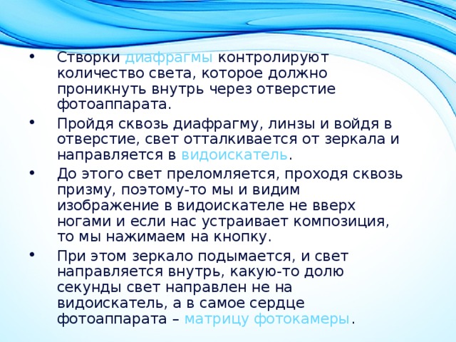 Створки  диафрагмы  контролируют количество света, которое должно проникнуть внутрь через отверстие фотоаппарата. Пройдя сквозь диафрагму, линзы и войдя в отверстие, свет отталкивается от зеркала и направляется в  видоискатель . До этого свет преломляется, проходя сквозь призму, поэтому-то мы и видим изображение в видоискателе не вверх ногами и если нас устраивает композиция, то мы нажимаем на кнопку. При этом зеркало подымается, и свет направляется внутрь, какую-то долю секунды свет направлен не на видоискатель, а в самое сердце фотоаппарата –  матрицу фотокамеры . 