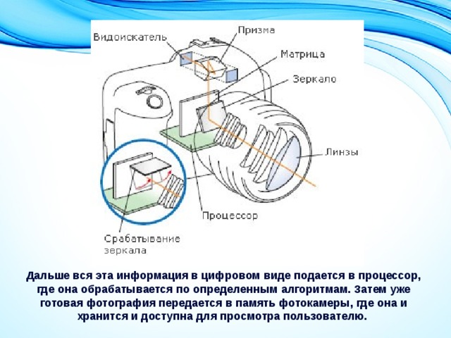 Дальше вся эта информация в цифровом виде подается в процессор, где она обрабатывается по определенным алгоритмам. Затем уже готовая фотография передается в память фотокамеры, где она и хранится и доступна для просмотра пользователю. 