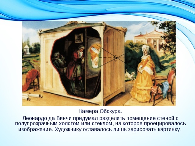 Камера Обскура. Леонардо да Винчи придумал разделить помещение стеной с полупрозрачным холстом или стеклом, на которое проецировалось изображение. Художнику оставалось лишь зарисовать картинку.  