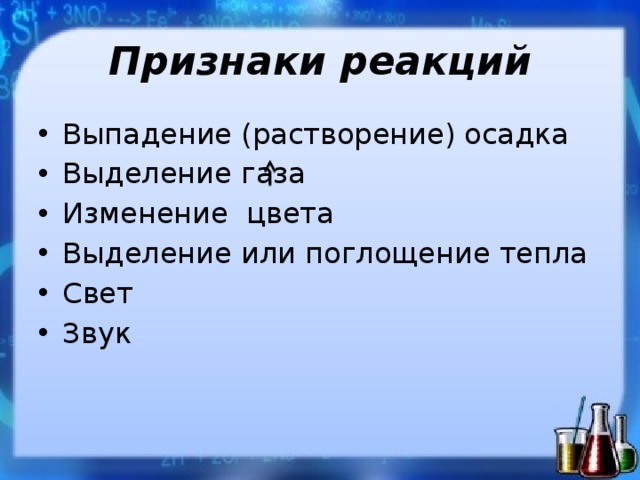 Признаки реакций Выпадение (растворение) осадка Выделение газа Изменение цвета Выделение или поглощение тепла Свет Звук 