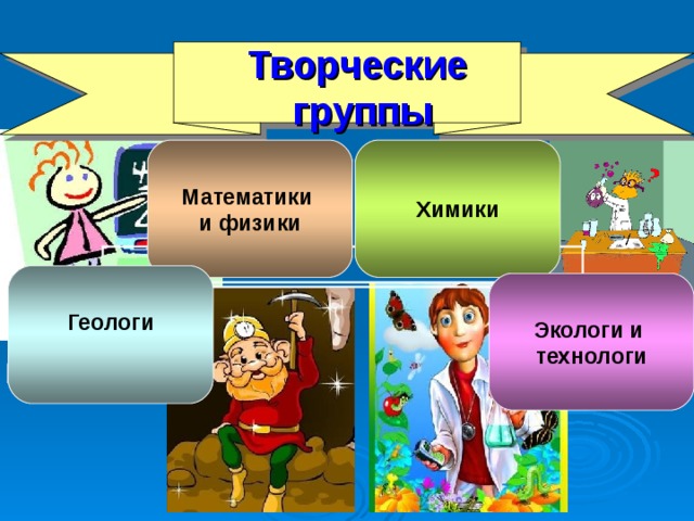 Творческие  группы Математики и физики Химики Геологи  Экологи и технологи 