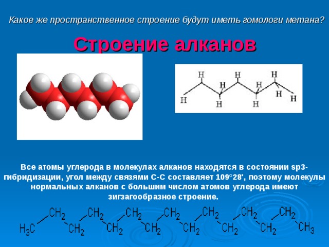 Какое же пространственное строение будут иметь гомологи метана? Строение алканов Все атомы углерода в молекулах алканов находятся в состоянии sр3-гибридизации, угол между связями С-C составляет 109°28', поэтому молекулы нормальных алканов с большим числом атомов углерода имеют зигзагообразное строение. 