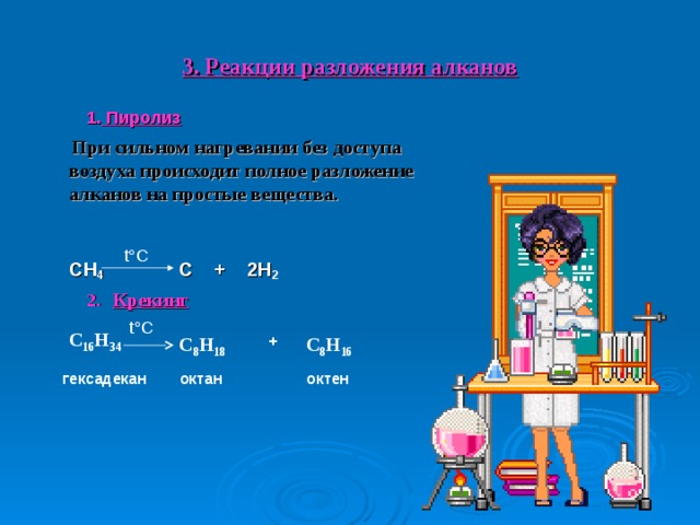 3. Реакции разложения алканов 1. Пиролиз  При сильном нагревании без доступа воздуха происходит полное разложение алканов на простые вещества.  CH 4  C + 2 H 2 t°C Крекинг t°C C 16 H 34 + C 8 H 18 C 8 H 16 гексадекан октан октен 
