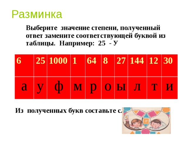 Разминка  Выберите значение степени, полученный ответ замените соответствующей буквой из таблицы. Например: 25 - У Из полученных букв составьте слово :  6 а 25 у 1000 1 ф м 64 р 8 о 27 144 ы л 12 30 т и 