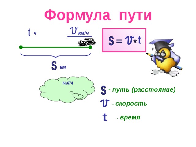 Формула пути км/ч ч км № 674  -  путь (расстояние) - скорость - время 