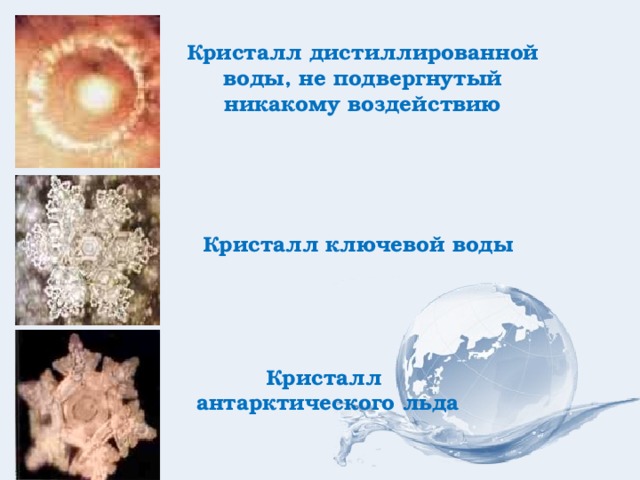 Кристалл дистиллированной воды, не подвергнутый никакому воздействию Кристалл ключевой воды Кристалл антарктического льда 