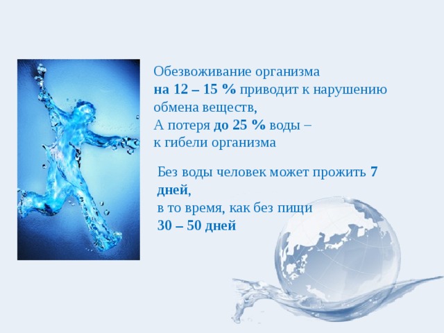 Обезвоживание организма на  12 – 15 % приводит к нарушению обмена веществ, А потеря до 25 % воды – к гибели организма Без воды человек может прожить 7 дней , в то время, как без пищи 30 – 50 дней 