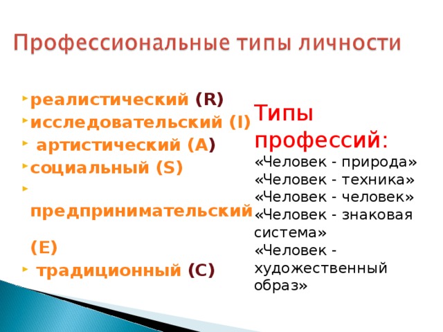 реалистический (R)  исследовательский (I)  артистический ( А )  социальный (S)  предпринимательский (E)  традиционный ( С) Типы профессий: «Человек - природа» «Человек - техника» «Человек - человек» «Человек - знаковая система» «Человек - художественный образ» 