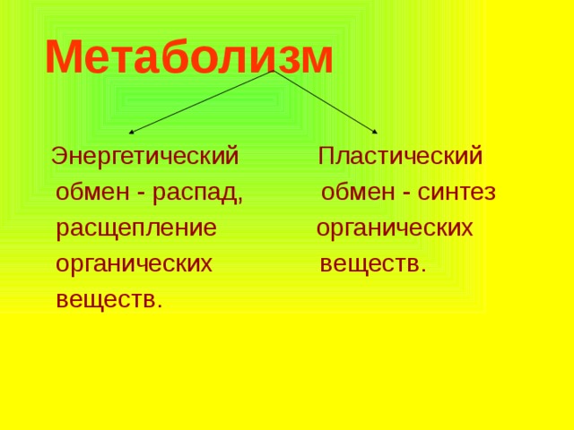  Метаболизм  Энергетический Пластический  обмен - распад, обмен - синтез  расщепление органических  органических веществ.  веществ. 