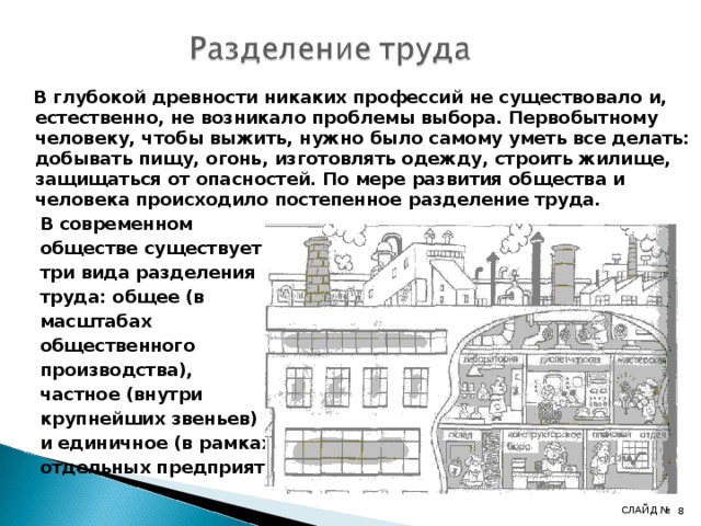  В глубокой древности никаких профессий не существовало и, естественно, не возникало проблемы выбора. Первобытному человеку, чтобы выжить, нужно было самому уметь все делать: добывать пищу, огонь, изготовлять одежду, строить жилище, защищаться от опасностей. По мере развития общества и человека происходило постепенное разделение труда.  В современном  обществе существует  три вида разделения  труда: общее (в  масштабах  общественного  производства),  частное (внутри  крупнейших звеньев)  и единичное (в рамках  отдельных предприятий). СЛАЙД № 4 4 