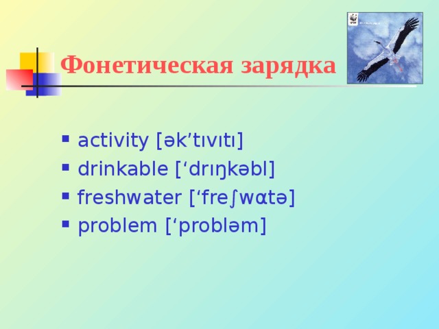 Фонетическая зарядка activity [ ək’tıvıtı] drinkable [‘dr ıŋkəbl] freshwater [‘fre ∫w α tə] problem [‘probl əm] 