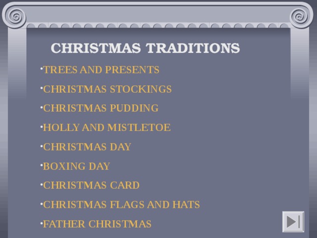 CHRISTMAS TRADITIONS TREES AND PRESENTS CHRISTMAS STOCKINGS CHRISTMAS PUDDING HOLLY AND MISTLETOE CHRISTMAS DAY BOXING DAY CHRISTMAS CARD CHRISTMAS FLAGS AND HATS FATHER CHRISTMAS     