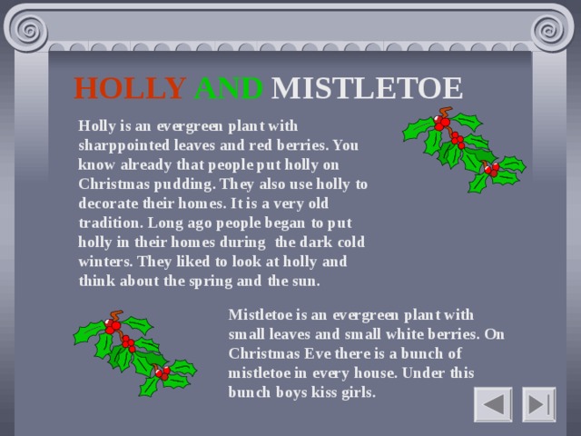 HOLLY AND MISTLETOE Holly is an evergreen plant with sharppointed leaves and red berries. You know already that people put holly on Christmas pudding. They also use holly to decorate their homes. It is a very old tradition. Long ago people began to put holly in their homes during the dark cold winters. They liked to look at holly and think about the spring and the sun. Mistletoe is an evergreen plant with small leaves and small white berries. On Christmas Eve there is a bunch of mistletoe in every house. Under this bunch boys kiss girls.    
