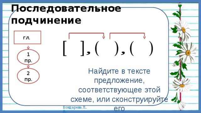 Последовательное подчинение гл. 1 пр. Найдите в тексте предложение, соответствующее этой схеме, или сконструируйте его 2 пр.  