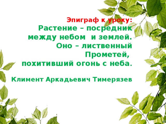 Эпиграф к уроку:  Растение – посредник между небом и землей.  Оно – лиственный Прометей,  похитивший огонь с неба .     Климент Аркадьевич Тимерязев 