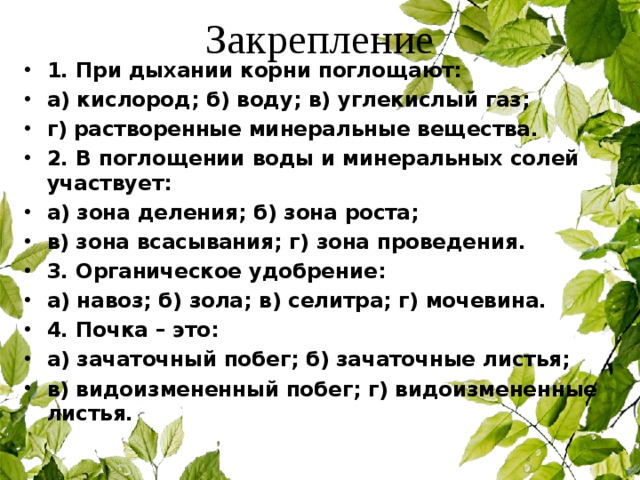 Закрепление 1. При дыхании корни поглощают: а) кислород; б) воду; в) углекислый газ; г) растворенные минеральные вещества. 2. В поглощении воды и минеральных солей участвует: а) зона деления; б) зона роста; в) зона всасывания; г) зона проведения. 3. Органическое удобрение: а) навоз; б) зола; в) селитра; г) мочевина. 4. Почка – это: а) зачаточный побег; б) зачаточные листья; в) видоизмененный побег; г) видоизмененные листья.  