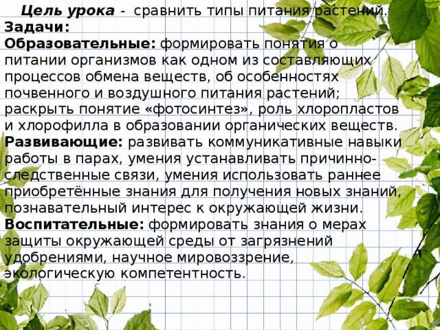 Цель урока - сравнить типы питания растений. Задачи: Образовательные: формировать понятия о питании организмов как одном из составляющих процессов обмена веществ, об особенностях почвенного и воздушного питания растений; раскрыть понятие «фотосинтез», роль хлоропластов и хлорофилла в образовании органических веществ. Развивающие: развивать коммуникативные навыки работы в парах, умения устанавливать причинно-следственные связи, умения использовать раннее приобретённые знания для получения новых знаний, познавательный интерес к окружающей жизни. Воспитательные: формировать знания о мерах защиты окружающей среды от загрязнений удобрениями, научное мировоззрение, экологическую компетентность. 
