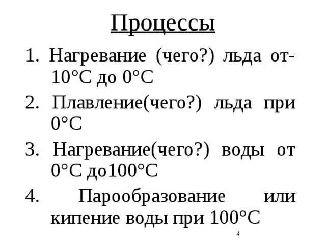 Процессы 1. Нагревание (чего?) льда от-10 °C до 0°C 2. Плавление(чего?) льда при 0°C 3. Нагревание(чего?) воды от 0°C до100°C 4. Парообразование или кипение воды при 100°C  