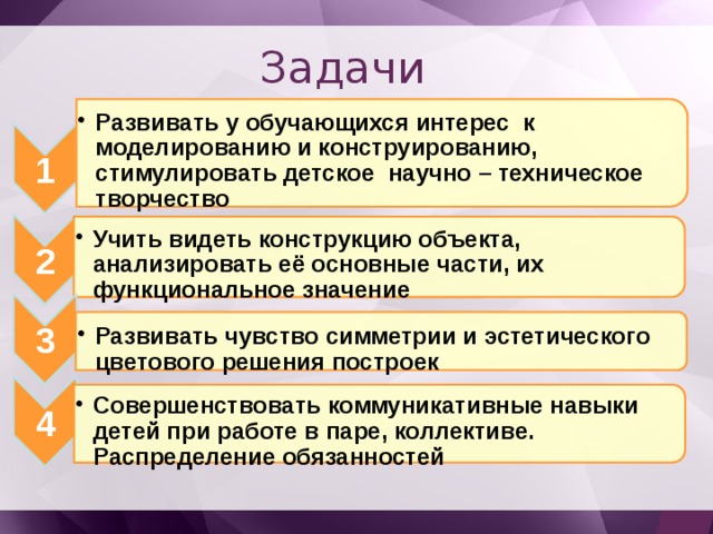 1 Развивать у обучающихся интерес к моделированию и конструированию, стимулировать детское научно – техническое творчество Развивать у обучающихся интерес к моделированию и конструированию, стимулировать детское научно – техническое творчество 2 Учить видеть конструкцию объекта, анализировать её основные части, их функциональное значение Учить видеть конструкцию объекта, анализировать её основные части, их функциональное значение 3 Развивать чувство симметрии и эстетического цветового решения построек Развивать чувство симметрии и эстетического цветового решения построек 4 Совершенствовать коммуникативные навыки детей при работе в паре, коллективе. Распределение обязанностей Совершенствовать коммуникативные навыки детей при работе в паре, коллективе. Распределение обязанностей Задачи 