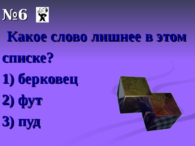 № 6  Какое слово лишнее в этом списке? 1) берковец 2) фут 3) пуд 
