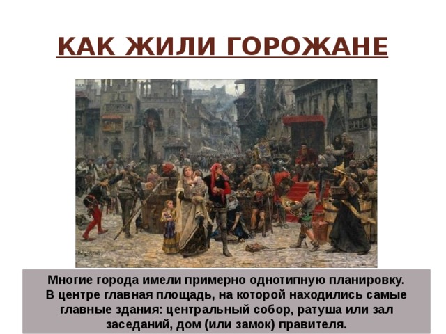 Как жили горожане Многие города имели примерно однотипную планировку.  В центре главная площадь, на которой находились самые главные здания: центральный собор, ратуша или зал заседаний, дом (или замок) правителя. 