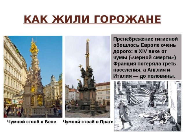 Как жили горожане Пренебрежение гигиеной обошлось Европе очень дорого: в XIV веке от чумы («черной смерти») Франция потеряла треть населения, а Англия и Италия — до половины. Чумной столб в Вене Чумной столб в Праге 