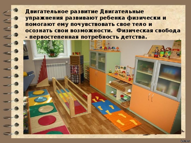 Двигательное развитие Двигательные упражнения развивают ребенка физически и помогают ему почувствовать свое тело и осознать свои возможности.  Физическая свобода - первостепенная потребность детства.   