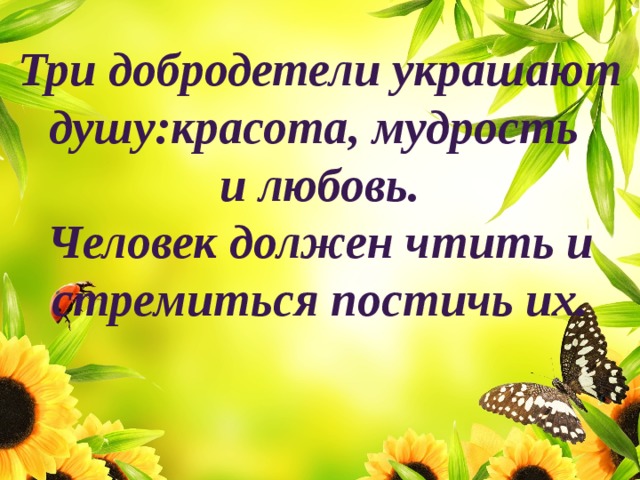 Три добродетели украшают душу:красота, мудрость и любовь. Человек должен чтить и стремиться постичь их. 
