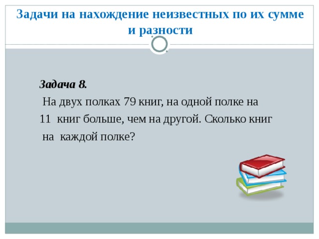 Задачи на нахождение неизвестных по их сумме и разности   Задача 8.  На двух полках 79 книг, на одной полке на 11 книг больше, чем на другой. Сколько книг  на каждой полке?    