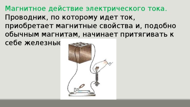 Магнитное действие электрического тока. Проводник, по которому идет ток, приобретает магнитные свойства и, подобно обычным магнитам, начинает притягивать к себе железные предметы. 