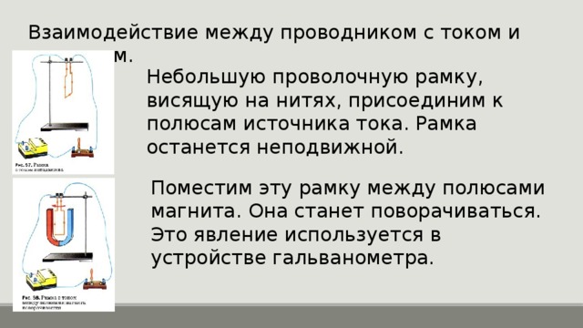 Взаимодействие между проводником с током и магнитом. Небольшую проволочную рамку, висящую на нитях, присоединим к полюсам источника тока. Рамка останется неподвижной. Поместим эту рамку между полюсами магнита. Она станет поворачиваться. Это явление используется в устройстве гальванометра. 