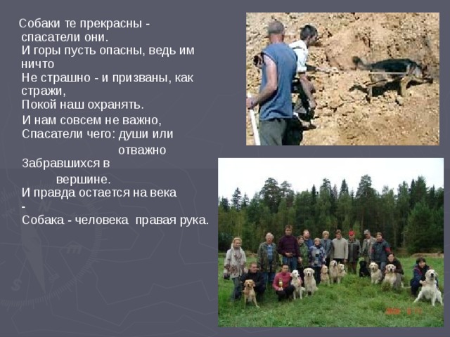  Собаки те прекрасны - спасатели они.      И горы пусть опасны, ведь им ничто  Не страшно - и призваны, как стражи,  Покой наш охранять.  И нам совсем не важно,    Спасатели чего: души или  отважно       Забравшихся в  вершине.                         И правда остается на века -                   Собака - человека  правая рука. 