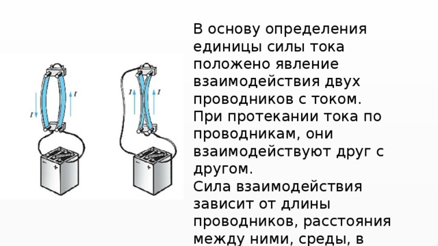 В основу определения единицы силы тока положено явление взаимодействия двух проводников с током. При протекании тока по проводникам, они взаимодействуют друг с другом. Сила взаимодействия зависит от длины проводников, расстояния между ними, среды, в которой находятся проводники, и от силы тока в проводниках. 