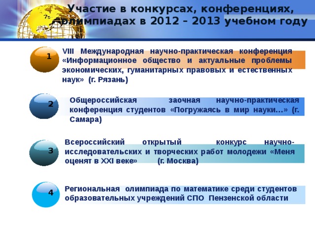 Участие в конкурсах, конференциях, олимпиадах в 2012 – 2013 учебном году VIII Международная научно-практическая конференция «Информационное общество и актуальные проблемы экономических, гуманитарных правовых и естественных наук» (г. Рязань) 1 Общероссийская заочная научно-практическая конференция студентов «Погружаясь в мир науки…» (г. Самара) 2 Всероссийский открытый конкурс научно-исследовательских и творческих работ молодежи «Меня оценят в ХХI веке» (г. Москва) 3 Региональная олимпиада по математике среди студентов образовательных учреждений СПО Пензенской области 4 