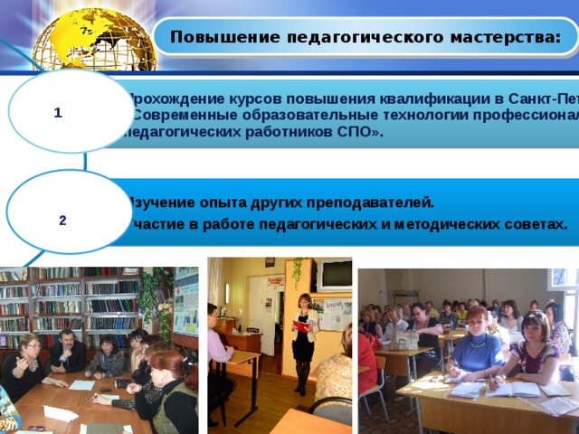 Повышение педагогического мастерства: Прохождение курсов повышения квалификации в Санкт-Петербурге по программе «Современные образовательные технологии профессиональной деятельности педагогических работников СПО». 1 Изучение опыта других преподавателей. Участие в работе педагогических и методических советах. 2 