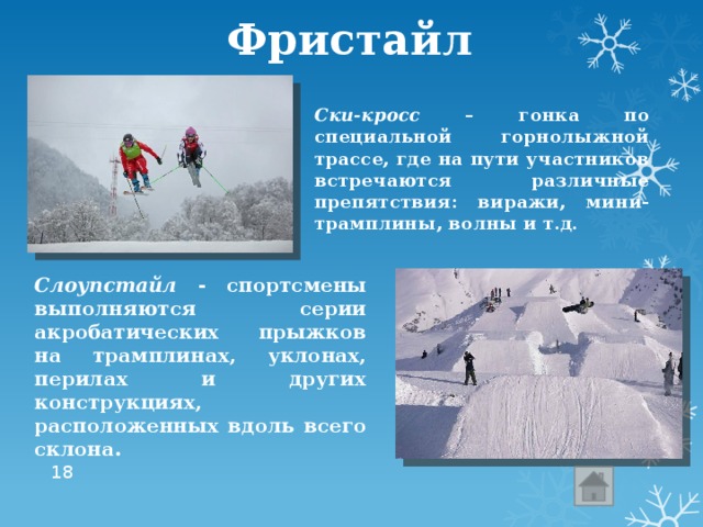 Фристайл Ски-кросс – гонка по специальной горнолыжной трассе, где на пути участников встречаются различные препятствия: виражи, мини-трамплины, волны и т.д. Слоупстайл - спортсмены выполняются серии акробатических прыжков на трамплинах, уклонах, перилах и других конструкциях, расположенных вдоль всего склона.  