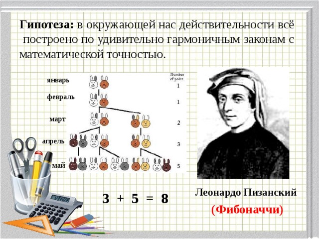 Гипотеза: в окружающей нас действительности всё построено по удивительно гармоничным законам с математической точностью. январь февраль март апрель май Леонардо Пизанский 3 + 5 = 8 (Фибоначчи) 