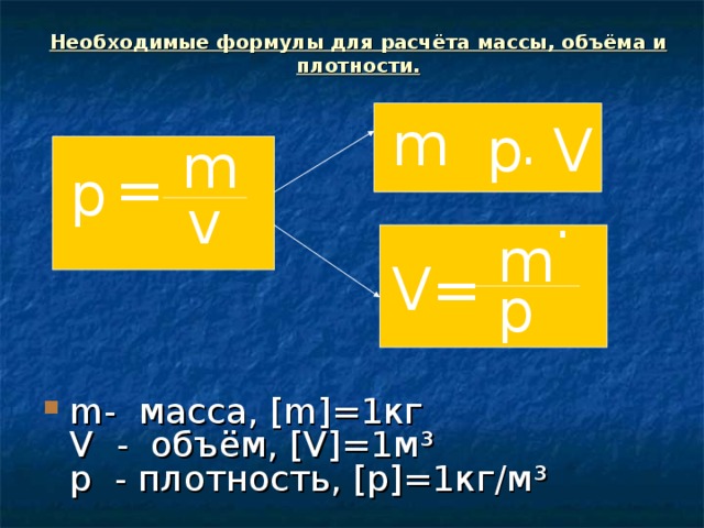 Необходимые формулы для расчёта массы, объёма и плотности. m V p · m = p . . v m V= p m- масса, [m]= 1кг  V - объём, [V]= 1м ³  p - плотность, [p]= 1кг/м ³ 