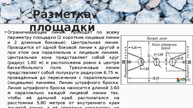 Разметка площадки   Ограничивающие линии. Проходят по всему периметру площадки (2 короткие лицевые линии и 2 длинные боковые). Центральная линия. Проводится от одной боковой линии к другой и при этом она параллельна к лицевым линиям. Центральная зона представляет собой круг (радиус 1,80 м) и расположена ровно в центре баскетбольного поля. Трехочковые линии представляют собой полукруги радиусом 6,75 м, проведённые до пересечения с параллельными (лицевыми) линиями. Линии штрафного броска. Линия штрафного броска наносится длиной 3,60 м параллельно каждой лицевой линии так, чтобы её дальний край располагался на расстоянии 5,80 метров от внутреннего края лицевой линии, а её середина находилась на воображаемой линии, соединяющей середины обеих лицевых линий. 