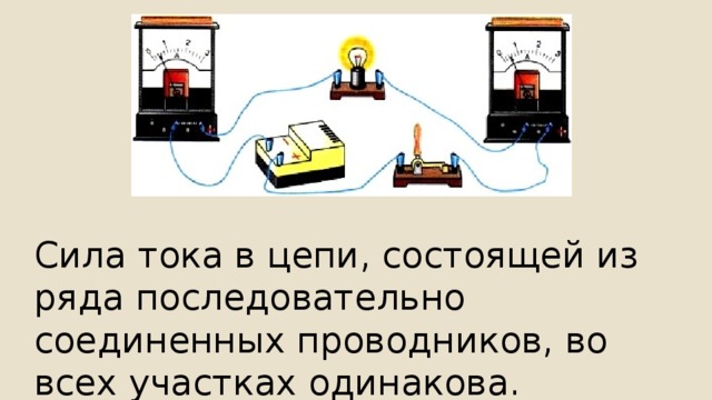 Сила тока в цепи, состоящей из ряда последовательно соединенных проводников, во всех участках одинакова. 